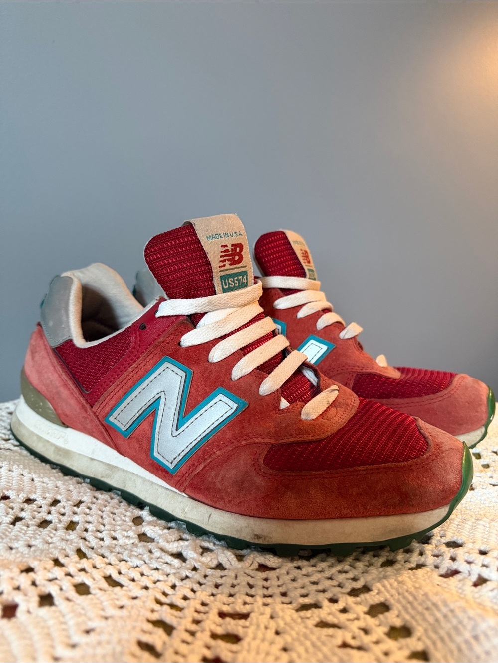 New Balance Red Orange Suede & Mesh Sneakers with Light Blue N Great Condition